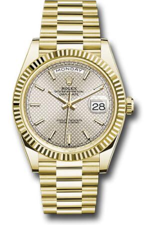 Replica Rolex Yellow Gold Day-Date 40 Watch 228238 Fluted Bezel Silver Diagonal Motif Index Dial President Bracelet